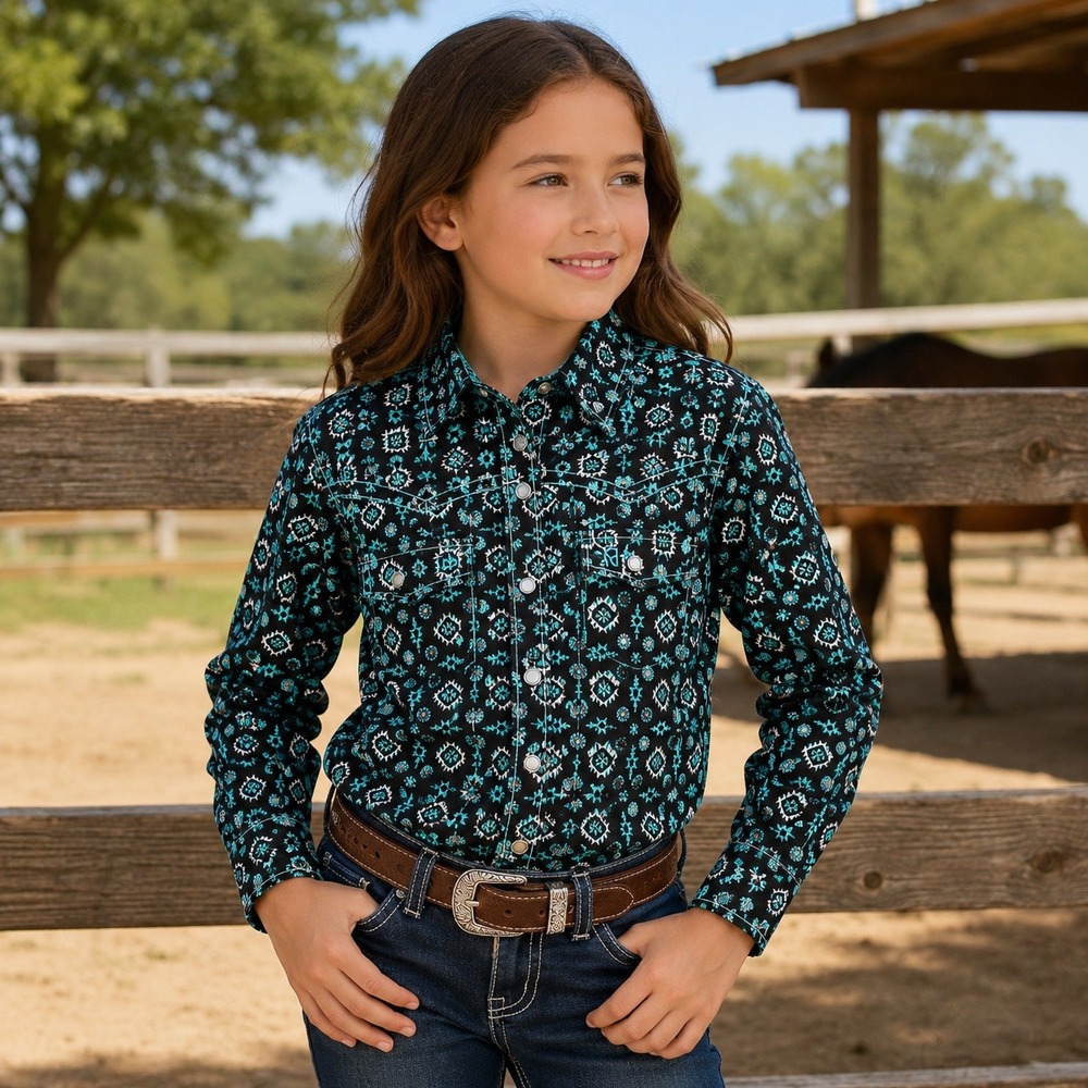 Cowgirl Hardware Girls Western Pearl Snap Shirt Black Turquoise Aztec Size 6 NWT